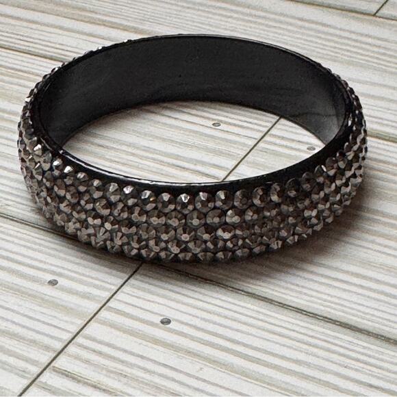 Black and Silver Rhinestone Bejeweled  Fashion Statement Bangle Bracelet - Picture 1 of 6